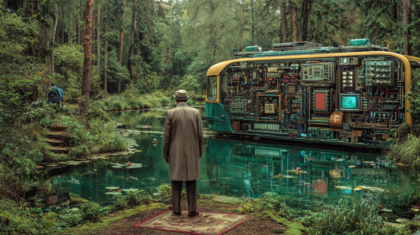 A man in a coat contemplating a retro-futuristic machine bus in a forest pond - symbolizing humanity's relationship with complex AI systems